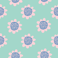 cute 60s vintage Retro floral with teal pink and blue simple flowers. pattern with mint background. 