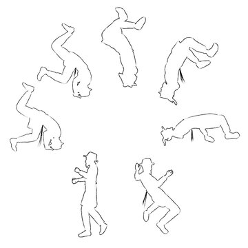 Seven vector drawings of contours of a Jewish, Orthodox, Hasidic man making a somersault.