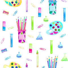 Seamless pattern with school items, pen, paper clips and flasks. Back to school watercolor illustration