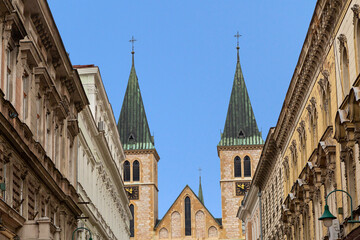 Historical buildings and towers of catholic cathedral in Sarajevo, Bosnia and Herzegovina