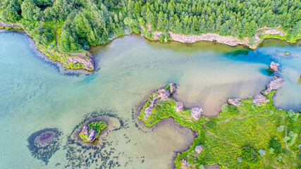 Aerial View of Mývatn Lake in Iceland on a sunny polar night