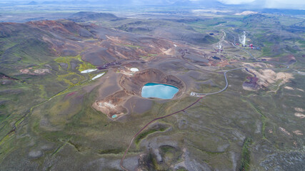 Aerial View of the Viti Crater at Krafla Caldera (Crater Lake) and its nearby Power plant in the Myvatn Region in Iceland