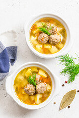  Chicken meatball soup. Space for text, top view.