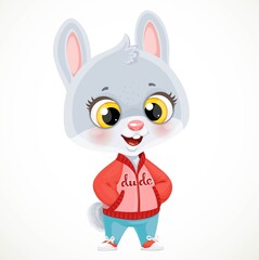 Cute little bunny  boy in in a jacket and sneakers isolated on white background