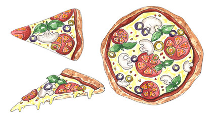 Hand painted watercolor illustrations of a whole flat lay pizza and two slices. Isolated food illustrations for restaurants and cooking.