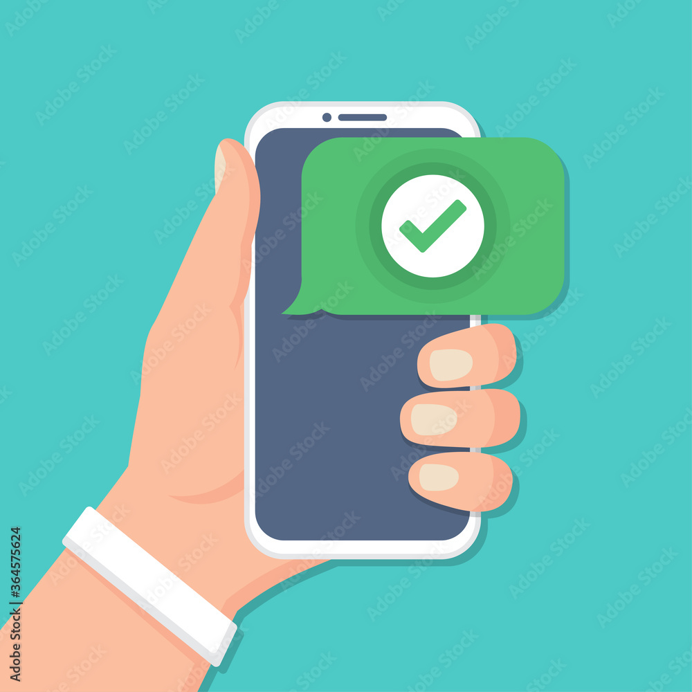 Poster hand holding smartphone with check icon in a flat design
