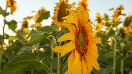 The sunflower plantation, a large yellow flower is cultivated for its edible oils and fruits, the...