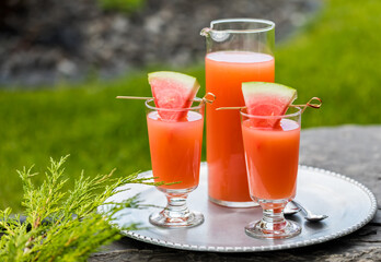 Guava and watermelon juice on a metal tray outside in a park setting.