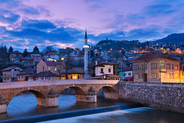 Skyline of the old town at the sunrise in Sarajevo, Bosnia and Herzegovina