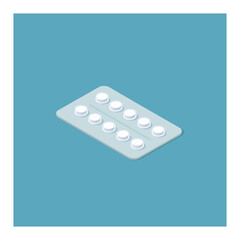 Vector isometric illustration of white pill medicine.  