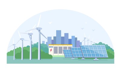 Renewable energy concept with photovoltaic solar panels and wind turbines on the outskirts of a city, colored vector illustration © Rudzhan