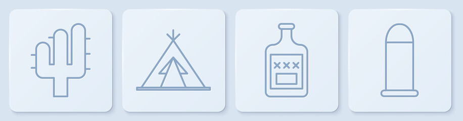 Set line Cactus, Whiskey bottle, Indian teepee or wigwam and Bullet. White square button. Vector. © Vadim