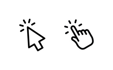 Hand and arrow clicking pointers. Click icons.