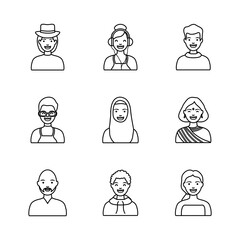 hindu woman and diversity people icon set, line style