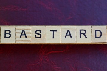 text the word bastard from gray wooden small letters with black font on an red table