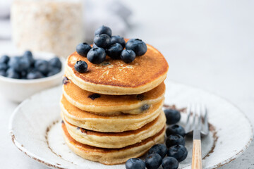 Stack of blueberry pancakes. Homemade corn pancakes with blueberries