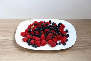 On a large white plate, the chef laid out freshly picked raspberries and blueberries, berries