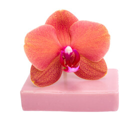 Obraz na płótnie Canvas Beautiful phalaenopsis or exotic orchid flower on aroma soap isolated on the white