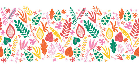 Leaves seamless vector border. Abstract autumn leaves green red yellow orange repeating pattern. Hand drawn leaf nature border. Repeating horizontal illustration for fabric trim, ribbons, Thanksgiving