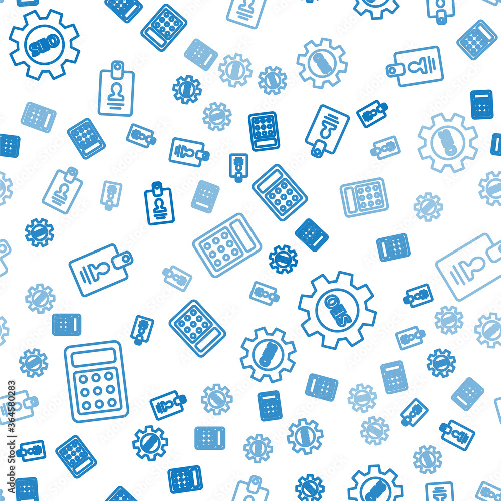 Poster set line calculator, seo tag with gear wheel and identification badge on seamless pattern. vector.