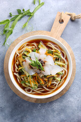 Eastern oriental cuisine, Asian cuisine. Cold soup ashlam fu. Soup with noodles, starch and vegetables. Spicy soup on a light grey background and in a white plate. Background image, copy space