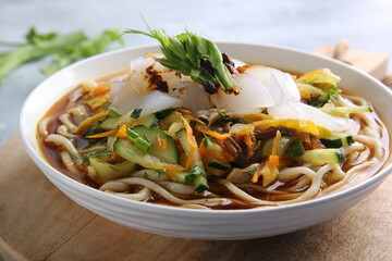 Eastern oriental cuisine, Asian cuisine. Cold soup ashlam fu. Soup with noodles, starch and vegetables. Spicy soup on a light grey background and in a white plate. Background image, copy space