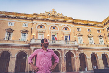 Obraz premium happy tourist visiting the city of Recanati, Province of Macerata, Marche Region, Italy