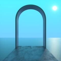 Abstract image of a view of the blue sea through an arch 3D image