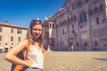 happy Tourist visit city center of Modena in the main square of the city. Major destination in Emilia-Romagna, Italy