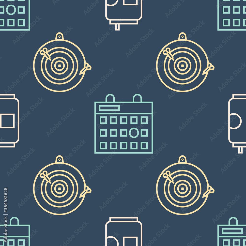 Poster set line beer can, classic dart board and arrow and birthday calendar on seamless pattern. vector.