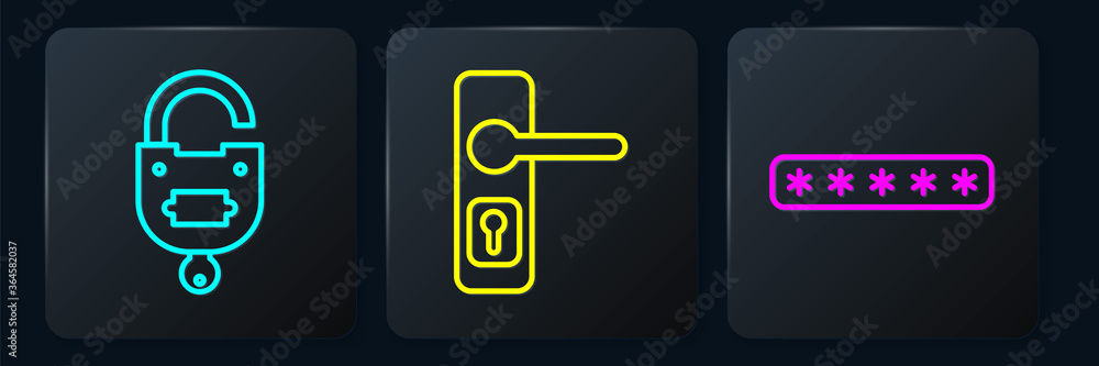Poster set line lock and key, password protection and door handle. black square button. vector.
