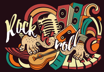 Vibrant bold music doodle for Rock n Roll with hands playing a keyboard, guitar, speakers and musical notes, colored vector illustration