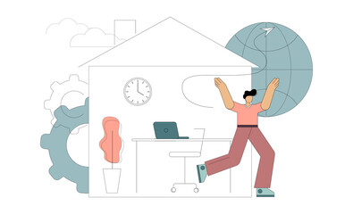 Quarantine is over, pandemic end. The little man joyfully runs out of the house. Symbol of graduation isolated. Vector illustration