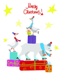 Vector illustration of a goose and polar bear in hat and scarf and skates with christmas presents. Winter christmas greeting card. Flat graphic. Christmas set