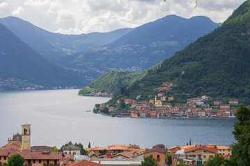 Naklejka na ściany i meble View of Lake Iseo and Monte Isola, Italy. Italian landscape.