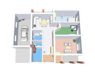 3D floor plan suburban house. Vector illustration. Apartment interior. Architectural 3D design.