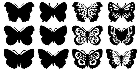 Butterflies carve, shadow and line set, Vector illustration.
