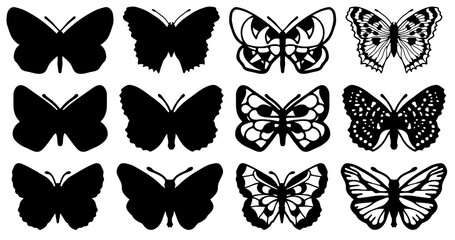 Butterflies carve, shadow and line set, Vector illustration.