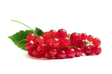 ripe and juicy red currant with green leaflet on a white background