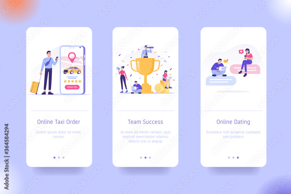 Poster application design set for online taxi ordering, team success and online dating. ui onboarding scree
