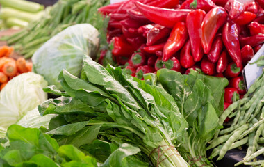 Fresh vegetables at the farmers market, healthy organic food, local produce, variety of eco garden vegetables,  cabbage, red pepper, carrot, green peas, greenery, lettuce, salad