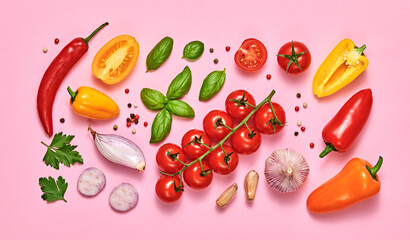 Tomato, basil, spices, bell chili pepper, garlic. Vegan diet food, creative composition on pink. Fresh basil, cherry tomatoes, bell pepper layout, cooking colorful concept, top view.