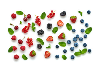 Blueberry, raspberry, strawberry, redcurrant, cherry isolated on white. Fresh blueberry, berries closeup. Ripe red raspberry, strawberry creative composition. Colorful trendy concept, top view.
