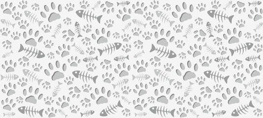Volumetric prints of cat's paws and skeletons of gray fish on a light gray background. Warm endless seamless vector pattern of cat tracks. Pads and fish bones
