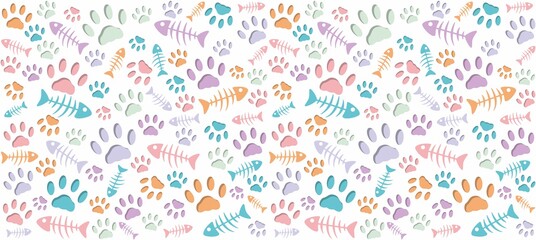 Volumetric prints of cat's paws and skeletons of fish of different colors on a white background. Warm endless seamless vector pattern of cat tracks. Pads and fish bones