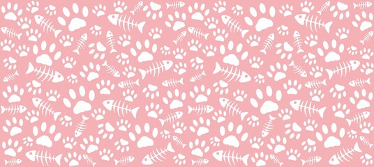 Imprints of cat's paws and skeletons of white fish on a pink background. Endless seamless vector pattern of cat tracks. Pads and fish bones
