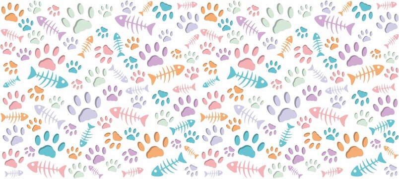 Volumetric prints of cat's paws and skeletons of fish of different colors on a white background. Warm endless seamless vector pattern of cat tracks. Pads and fish bones