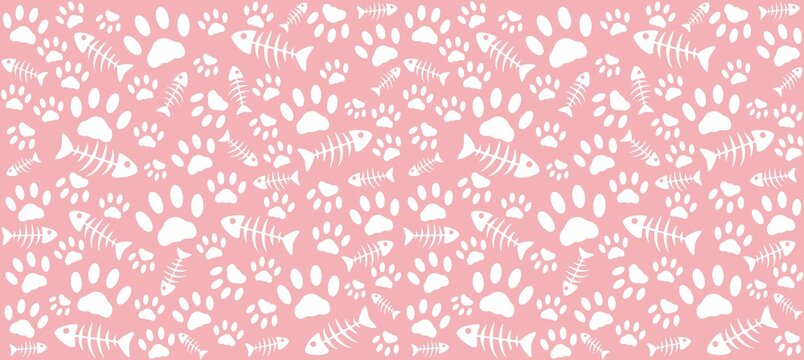 Imprints of cat's paws and skeletons of white fish on a pink background. Endless seamless vector pattern of cat tracks. Pads and fish bones