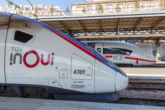 French TGV and German ICE high-speed train Deutsche Bahn DB Paris Est railway station in France