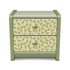 Bedside table with a pattern, green with metal handles. Mockup for home interior. Isolated on a white background. Vector illustration.